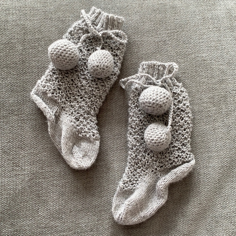 Handmade knitted organic wool booties w pom poms